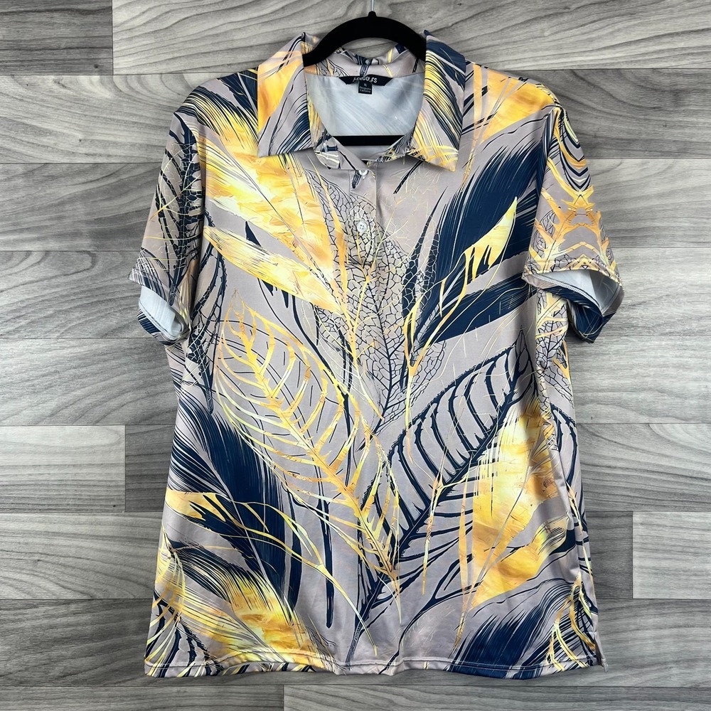 Acegolfs Hawaiian Polo Shirt Women's XL Gray Tropical Leaf Print‎ Performance